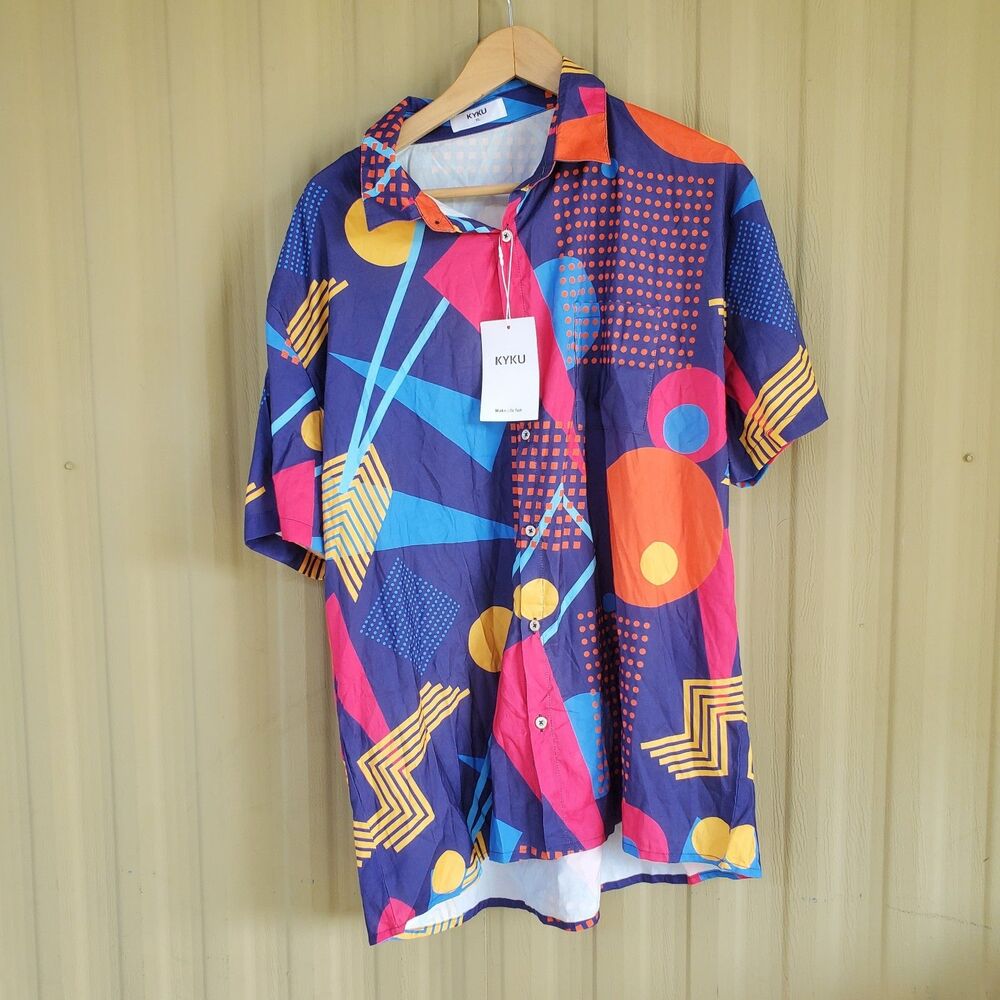 Kyku 80s Disco Outfit Short Sleeve Button Down Shirt Size XL